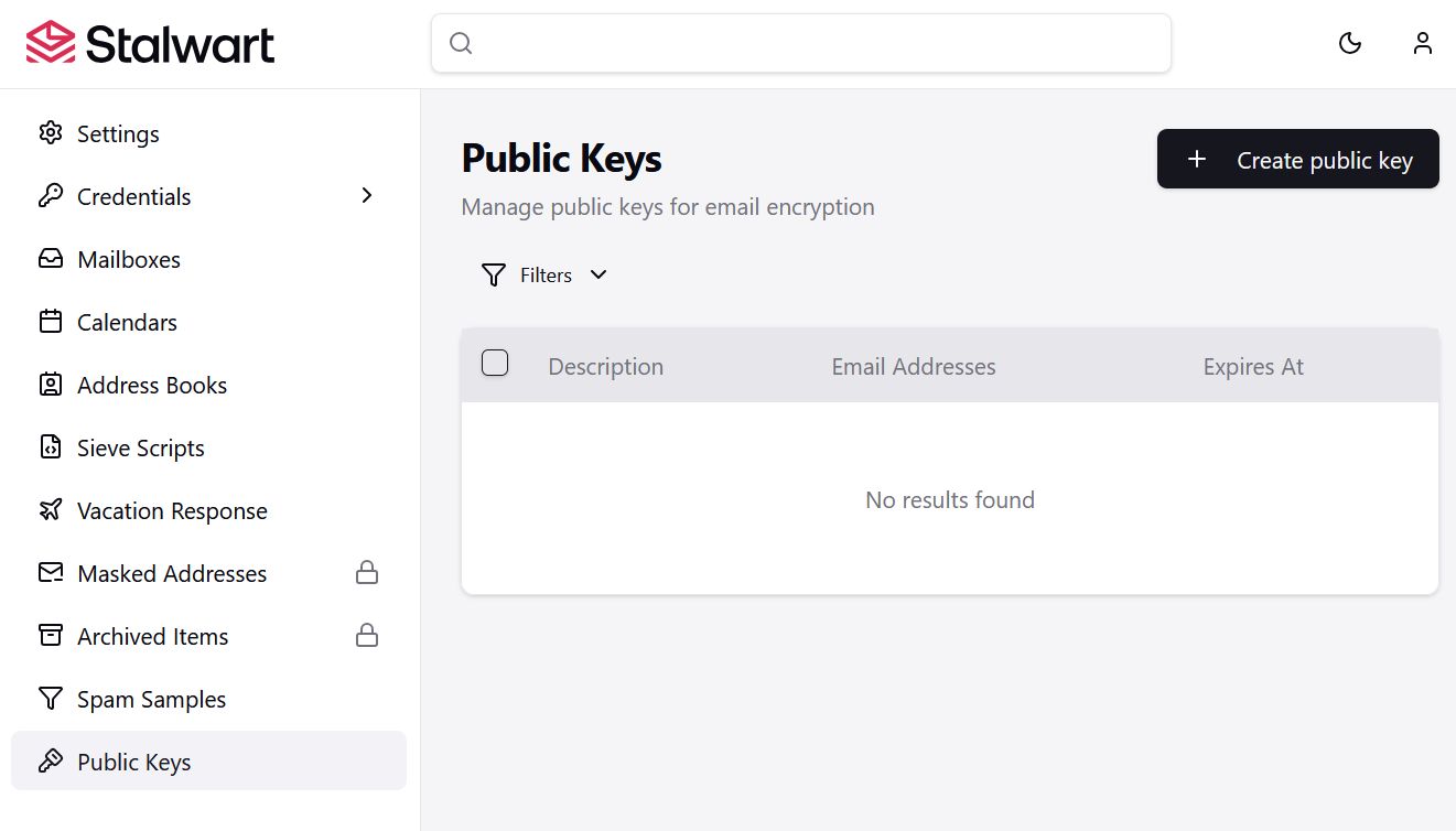 Bereich Sicherheit oder OpenPGP in Stalwart